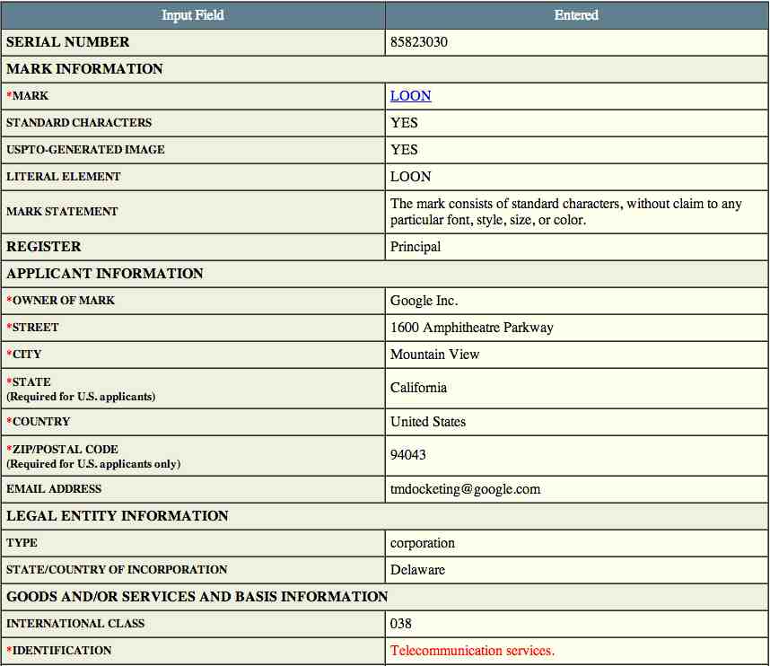 Google Loon Trademark