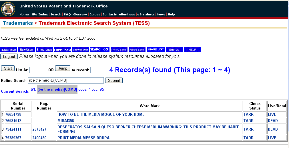 Screenshot of the US Patent Office Website